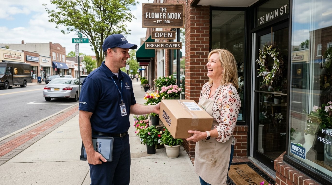 Reliable Delivery Services Mineola NY courier handing package to business owner